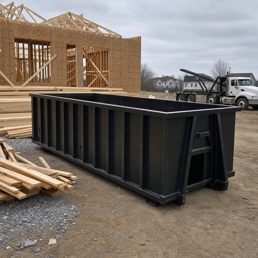 Matte-black 40-yard roll-off dumpster staged on a framed-out residential construction site in Fort Pierce, framing lumber stacked nearby, hooklift delivery truck visible in the background under bright Colorado daylight