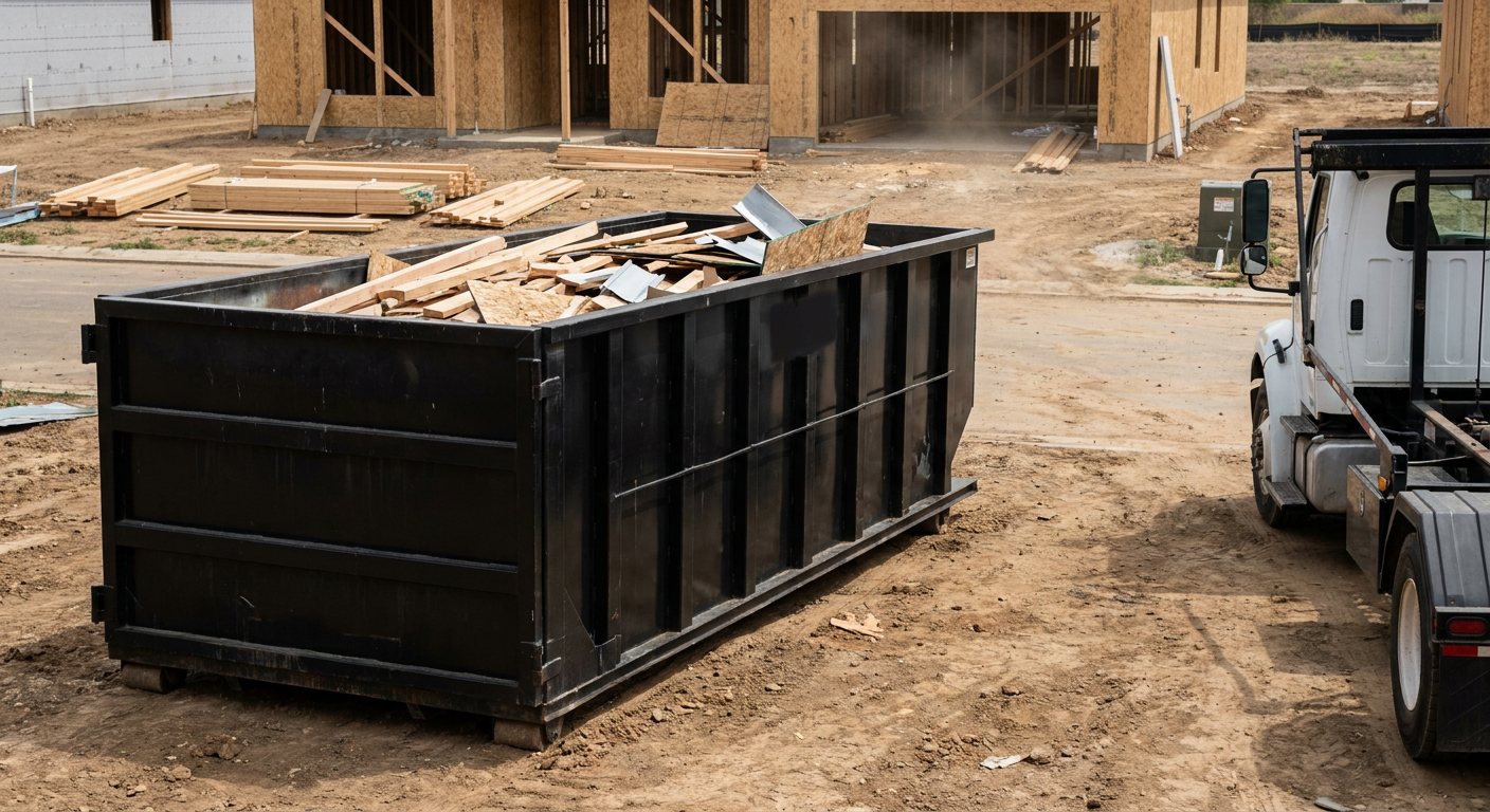 Matte-black 20-yard roll-off construction dumpster with heavy ribbed steel sidewalls and swing rear doors at a working jobsite in Fort Pierce, sitting directly on compacted dirt with an unmarked white hauler partially visible at the far edge of the frame.