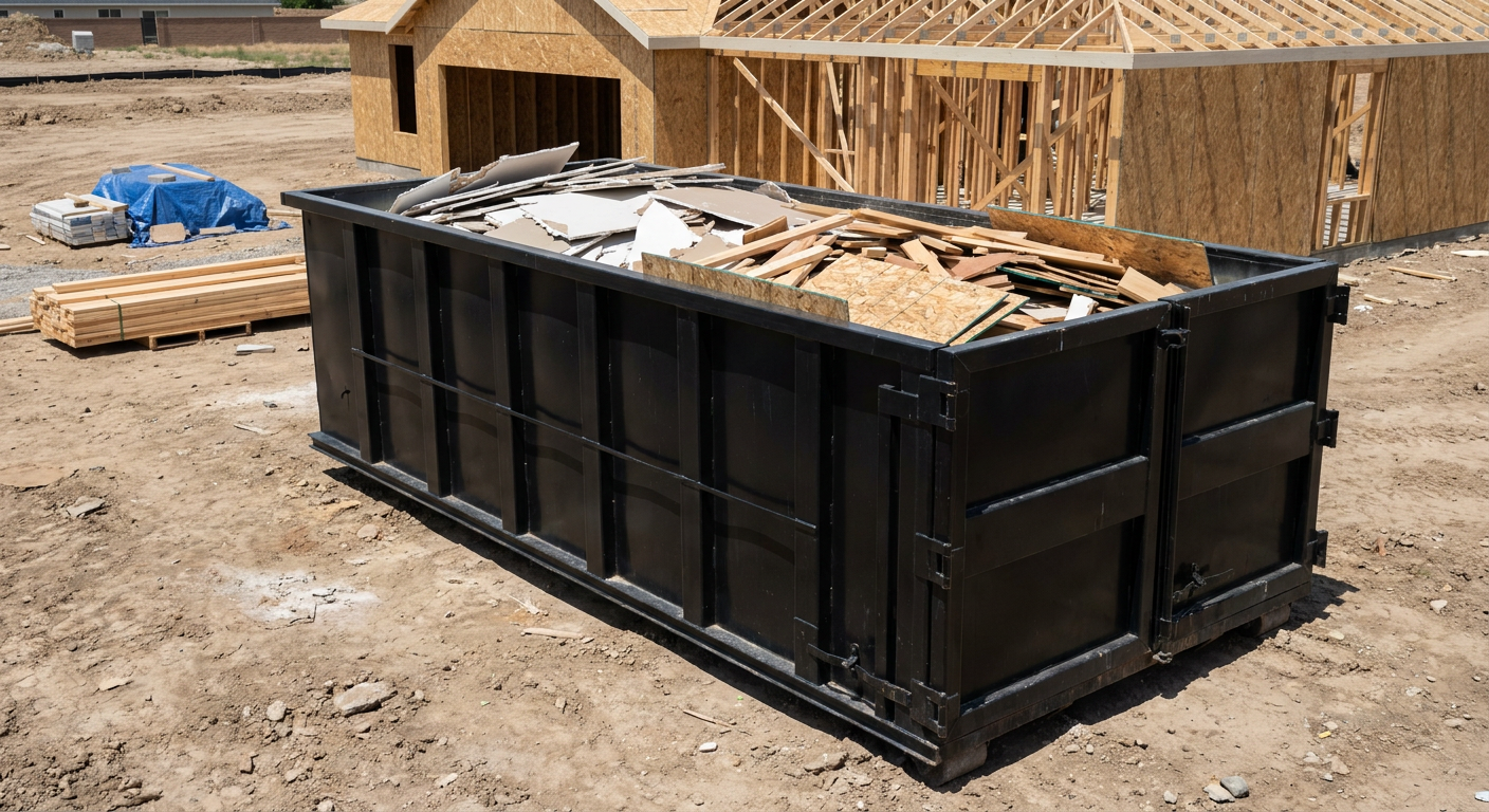 Matte-black 30-yard roll-off construction dumpster sitting directly on the compacted-dirt site of a framed single-family home build in Fort Pierce, drywall and lumber scrap loaded inside.