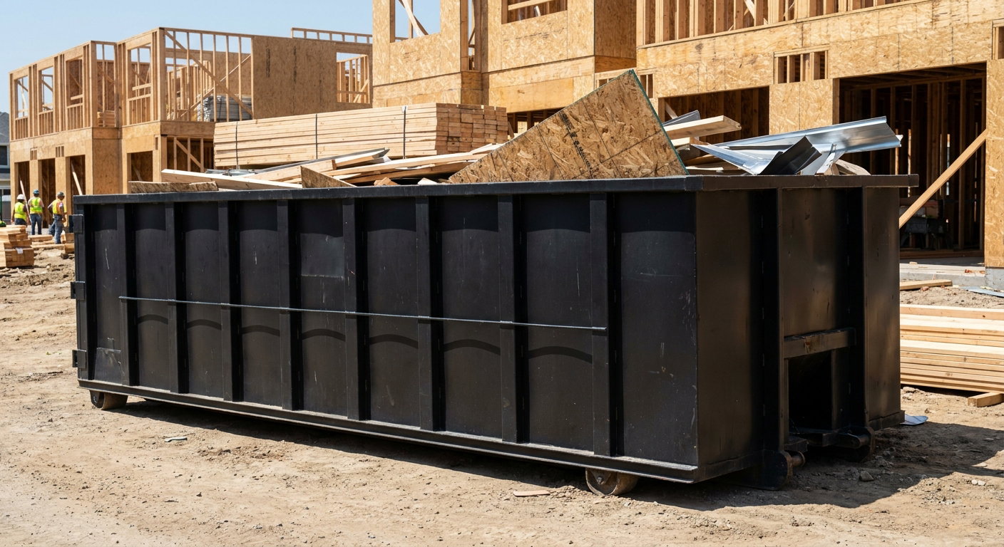 Matte-black 40-yard roll-off construction dumpster being lowered from a white-cab hooklift delivery truck onto the compacted-dirt jobsite at a commercial build site in Fort Pierce