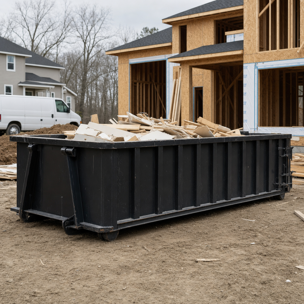 Worker in a yellow high-visibility vest tossing framing lumber and broken drywall into a matte-black 30-yard construction roll-off dumpster on an active build site in Fort Pierce, bright daylight