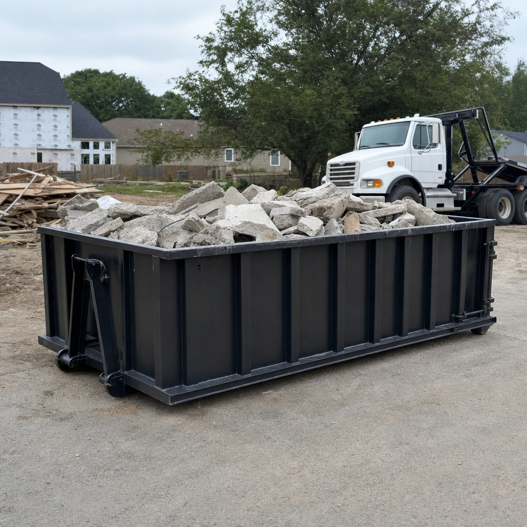 Low-profile matte-black lowboy roll-off dumpster loaded with broken concrete slab and rebar at a foundation tear-out in Fort Pierce, skid steer parked beside it, sunny Colorado morning