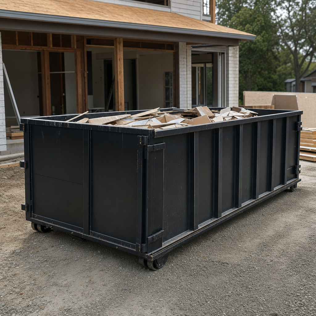 Large matte-black 30-yard construction roll-off dumpster at an active Fort Pierce jobsite, steel-gray top rails and bottom rollers visible, loaded with construction debris.