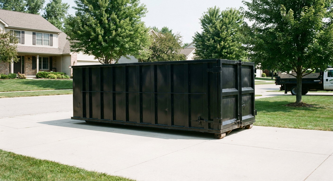 Matte-black 20-yard roll-off dumpster sitting level on a clean Fort Pierce residential concrete driveway under bright daylight, demonstrating clean placement directly on the concrete.