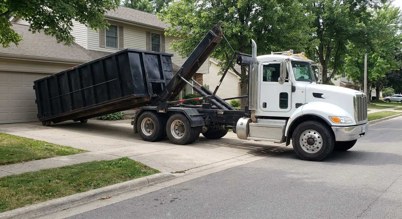 White-cab hooklift roll-off truck actively lowering a matte-black dumpster onto a Fort Pierce residential concrete driveway, the dumpster's rear wheels touching the driveway as the hoist arm tilts the bed forward, mid-morning daylight.