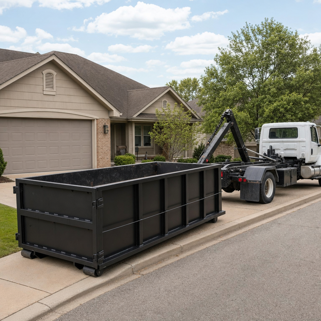 Wide documentary shot of a matte-black roll-off dumpster on a Fort Pierce residential driveway in the foreground and a contractor jobsite container in the soft-focus background, bright daylight, calm and orderly composition.
