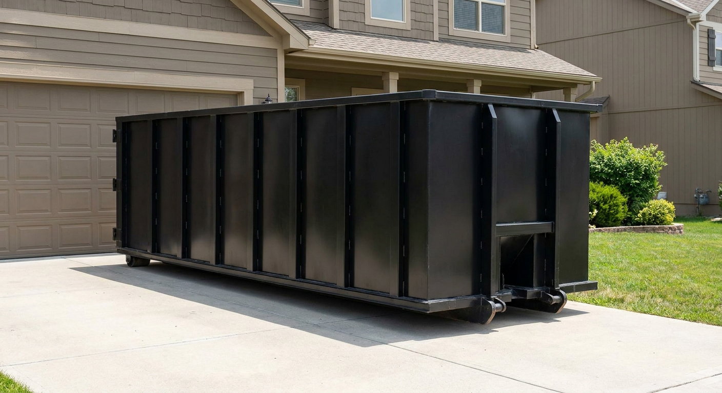 Matte-black residential roll-off dumpster sitting directly on a suburban Fort Pierce concrete driveway, garage door closed, single-family home in background, bright morning daylight.