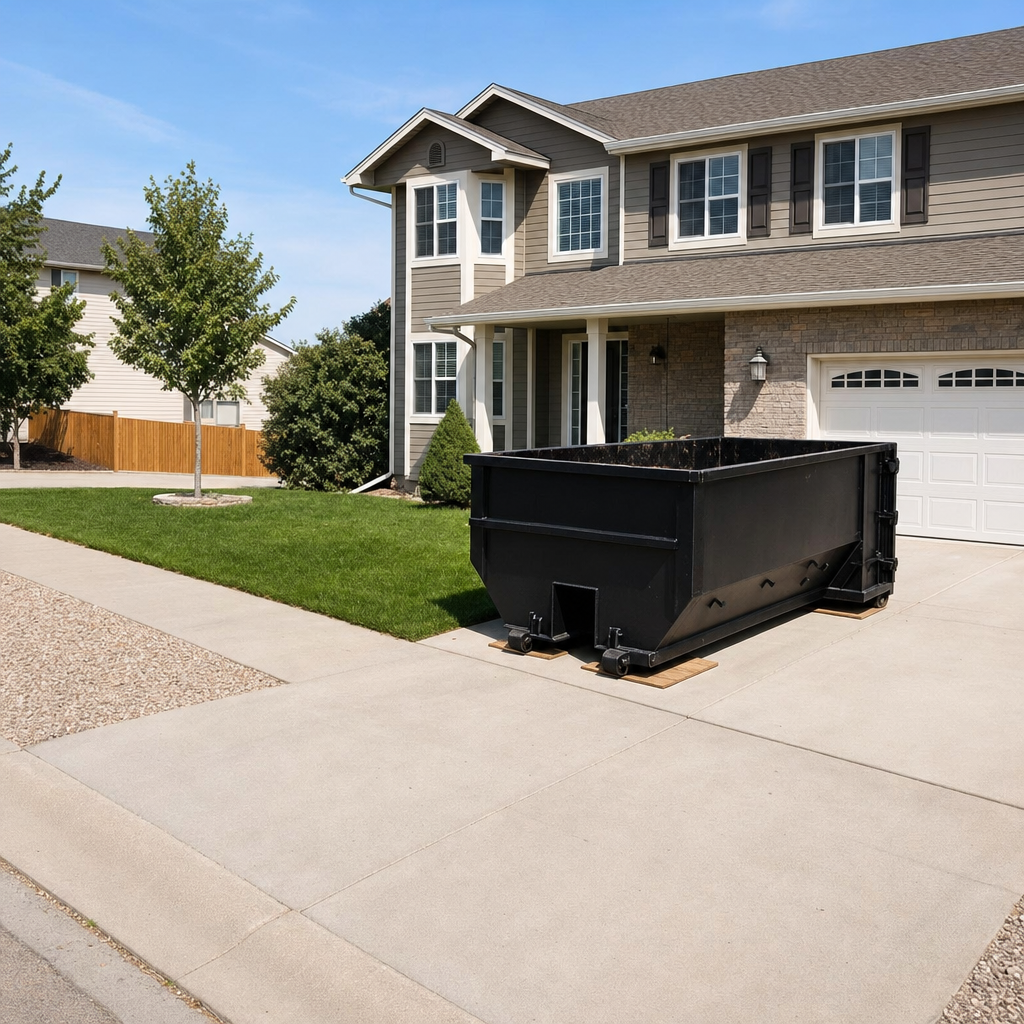 10-yard matte-black residential dumpster placed directly on a narrow Fort Pierce concrete driveway, room remains for a parked sedan beside it, mid-morning natural light