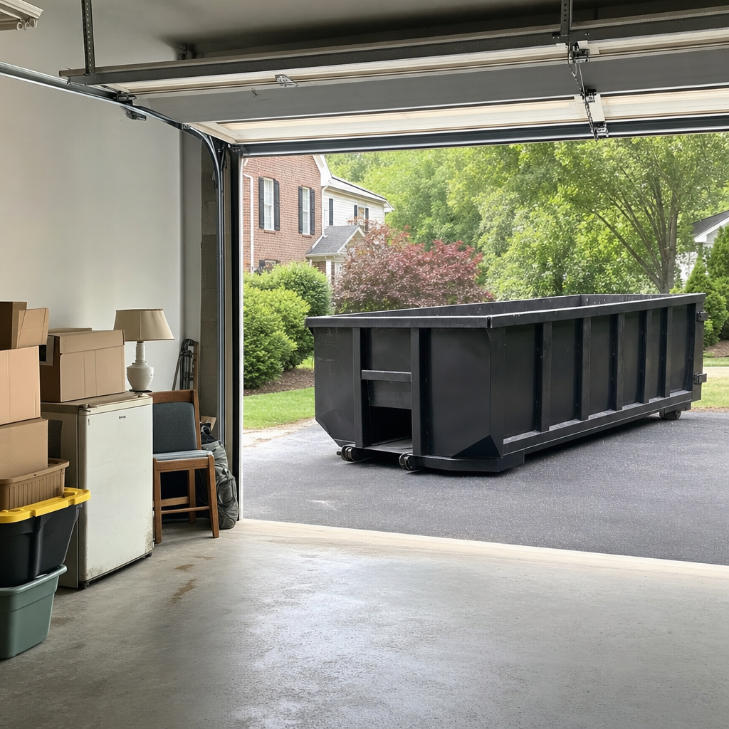 Open garage interior in a Fort Pierce home mid-cleanout — boxed items, an old appliance, and stacked yard tools queued near the driveway for a matte-black roll-off dumpster, organized and calm
