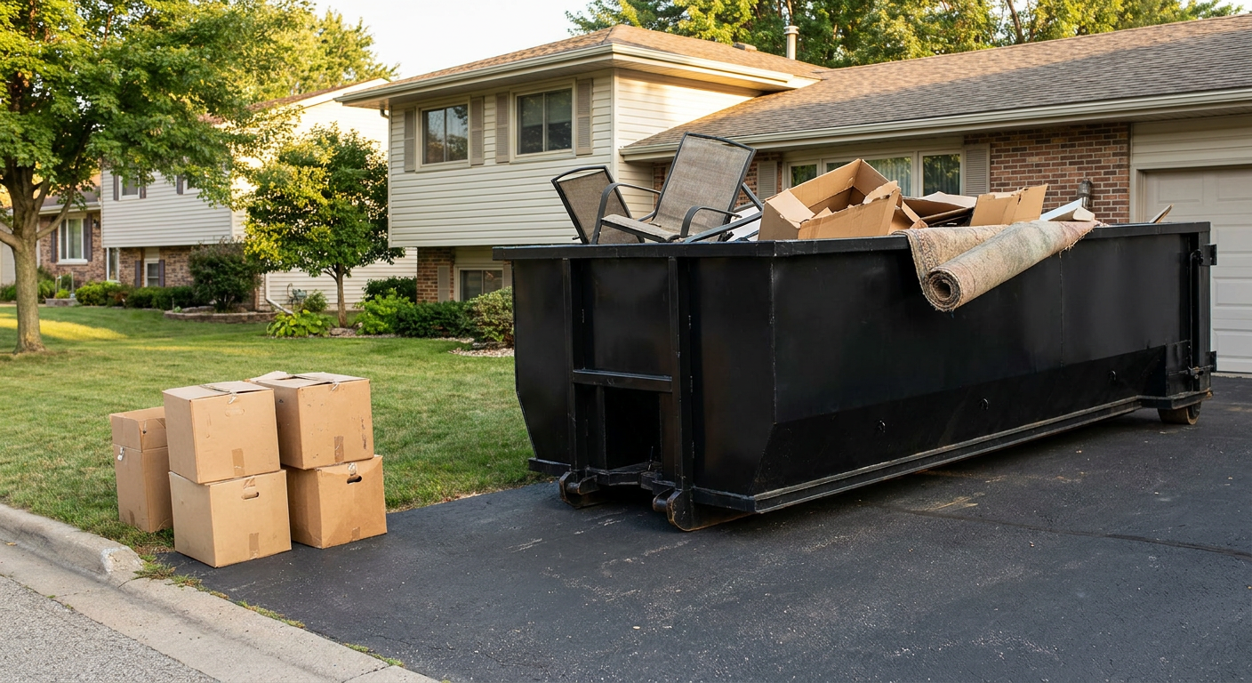 Front-yard view of a Fort Pierce split-level home with a 20-yard matte-black roll-off dumpster sitting directly on the asphalt driveway, a few clearly labeled donation boxes staged at the curb, calm sunny afternoon.