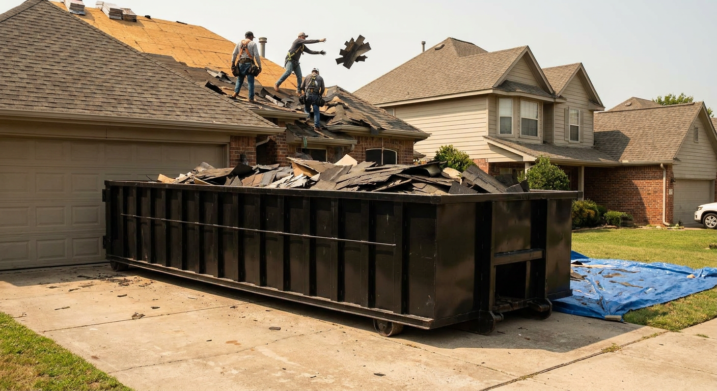 Matte-black roofing roll-off dumpster placed directly on a Fort Pierce residential concrete driveway, a tear-off crew on a two-story asphalt-shingle roof tossing shingle bundles into the low-walled container, bright daylight, documentary 35mm perspective.