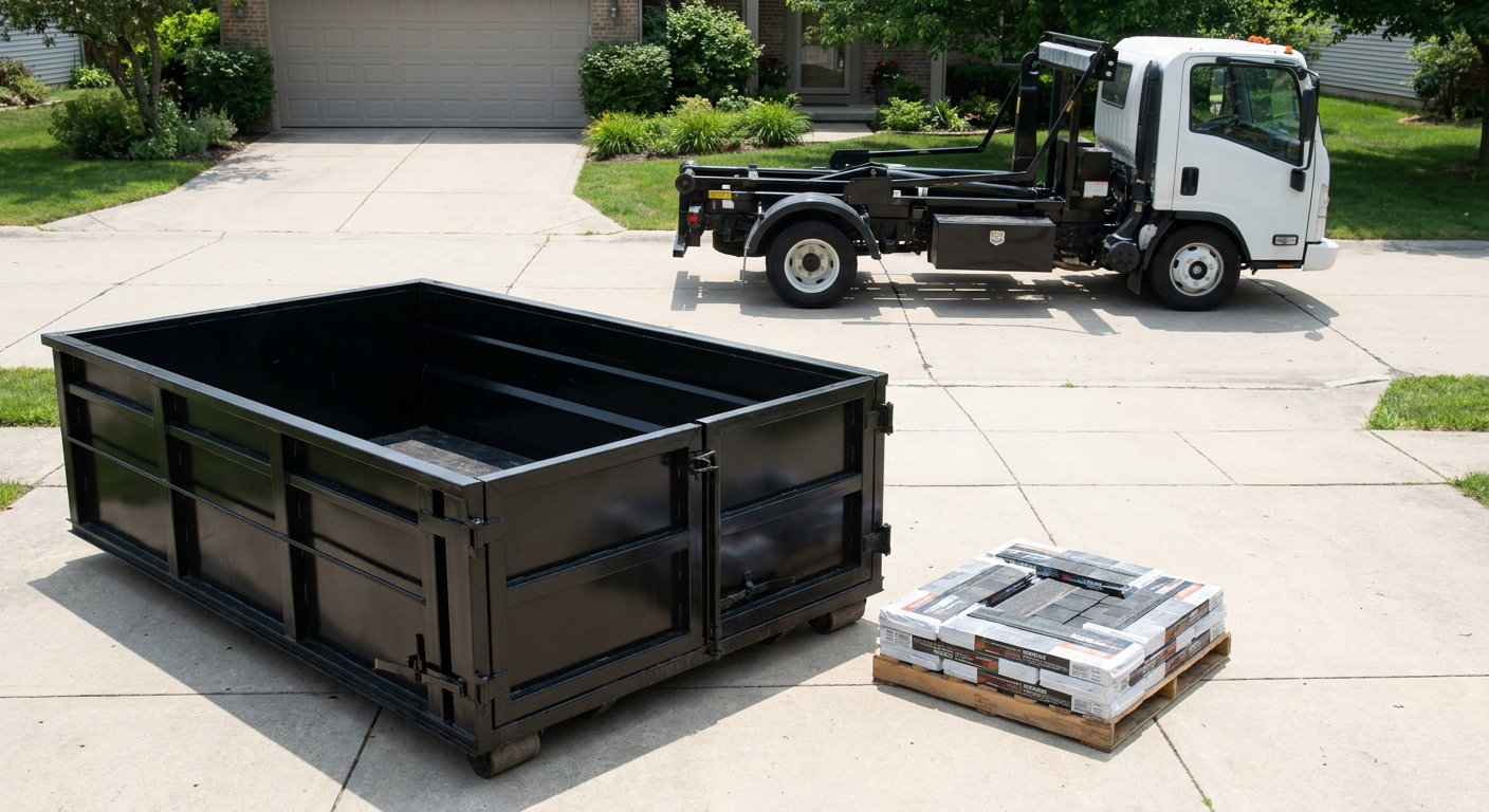 Matte-black 15-yard roofing roll-off dumpster with reinforced low side walls sitting directly on a Fort Pierce residential concrete driveway, three-tab asphalt shingle bundles stacked nearby, an unmarked white hauler truck partially visible at the edge of the frame.