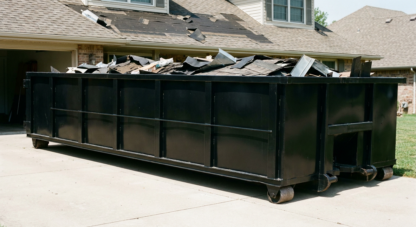 Matte-black 20-yard roofing roll-off dumpster with steel ribbed sides and swinging rear door, sitting directly on the concrete driveway of a two-story Fort Pierce home, asphalt shingle debris being loaded over the low wall, clean documentary lighting.