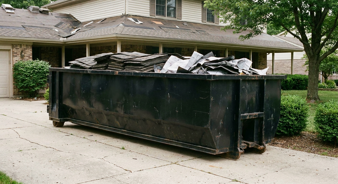 Matte-black 30-yard roofing roll-off dumpster sitting directly on a Fort Pierce concrete driveway, taller ribbed steel side panels, mixed tear-off debris of asphalt shingles and underlayment inside, professional documentary daylight.