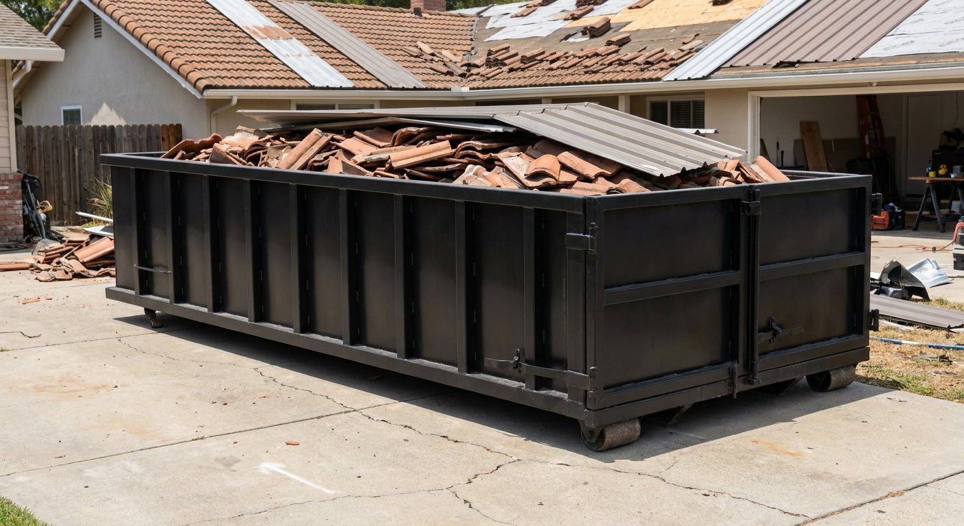 Matte-black low-wall heavy-debris roofing roll-off dumpster sitting directly on a Fort Pierce concrete driveway, broken concrete clay roof tiles and metal panel sections loaded inside, reinforced ribbed steel side walls visible, bright outdoor daylight.