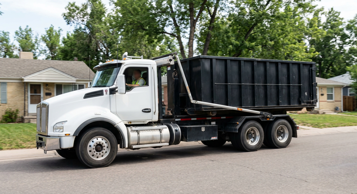 A wide documentary shot of a matte-black roll-off delivery truck pulling onto a quiet Fort Pierce residential street at mid-morning, with neighborhood rooftops and tree-lined blocks visible behind, showing the metro coverage footprint.