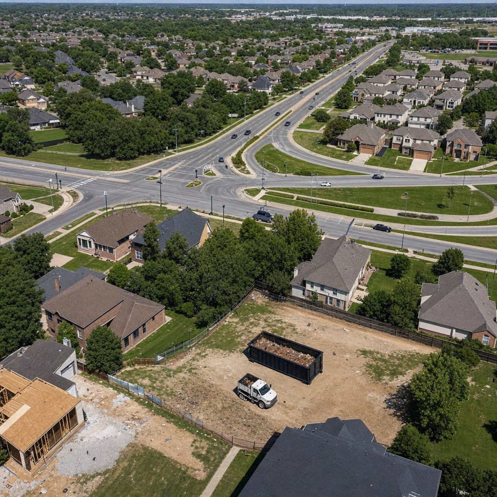 An overhead documentary view of the Fort Pierce metro area at midday, showing the spread of neighborhoods, arterial roads, and the dispatch radius from a central yard — clean daylight, organized geographic layout.