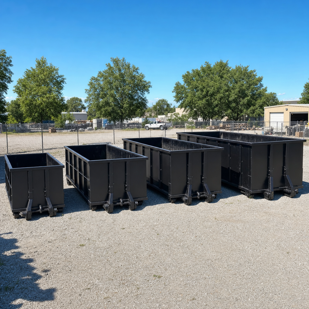 A clean lineup of matte-black roll-off dumpsters in 10, 20, 30, and 40-yard sizes staged on a sunlit gravel yard in Fort Pierce, showing the size progression from compact to commercial-scale containers.