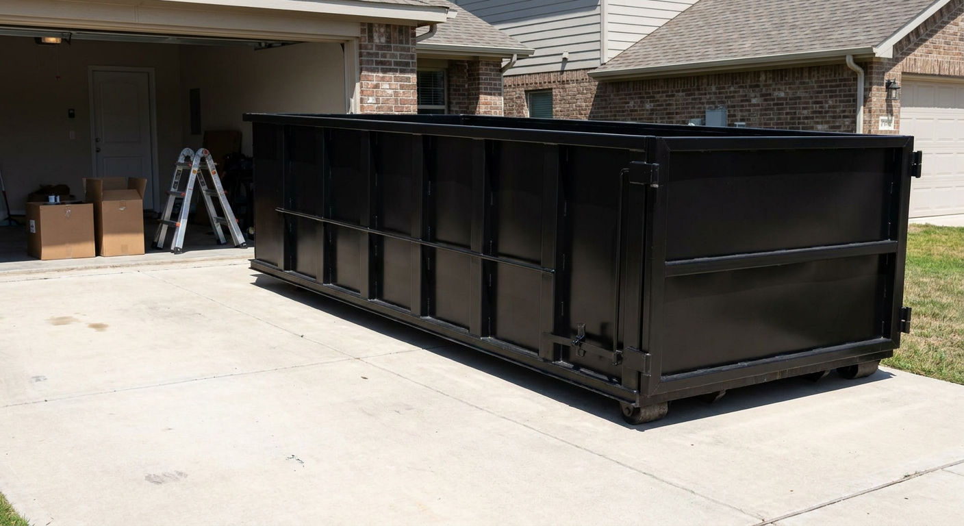 A matte-black 10-yard roll-off dumpster sitting directly on a residential Fort Pierce concrete driveway, mid-day sunlight, clean and ready for a garage cleanout.