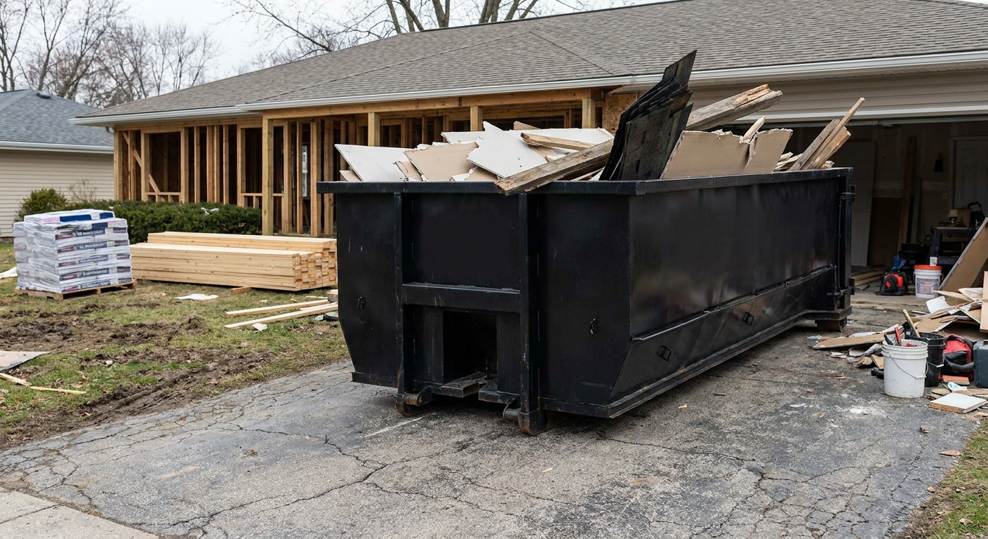 A matte-black 20-yard roll-off dumpster placed alongside a mid-renovation Fort Pierce home directly on the asphalt driveway, with framing materials and torn-off shingles staged neatly nearby.