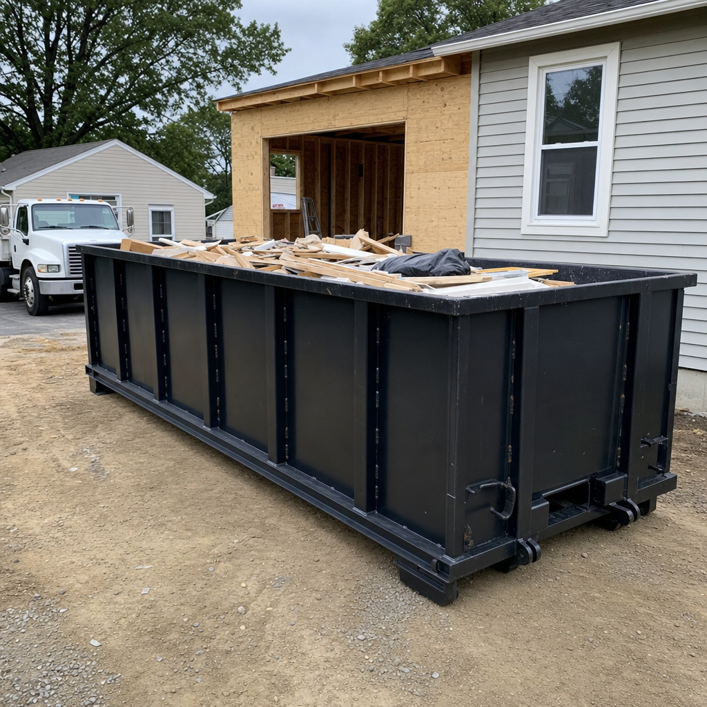 A matte-black 30-yard roll-off dumpster positioned at a Fort Pierce residential addition jobsite, with framing lumber and drywall scraps loaded through the open swinging rear doors.