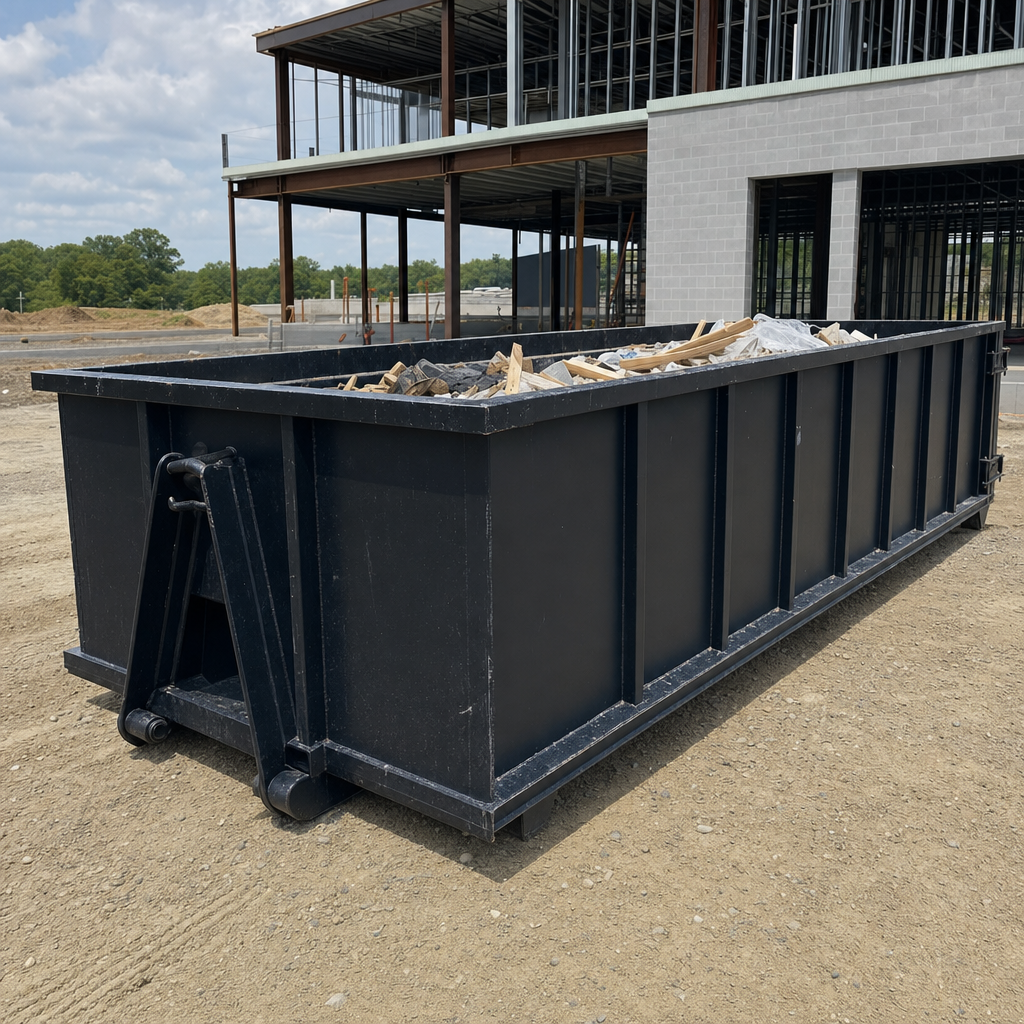 A matte-black 40-yard roll-off dumpster staged on a large Fort Pierce commercial construction lot, with a hooklift delivery truck parked alongside under bright midday sky.