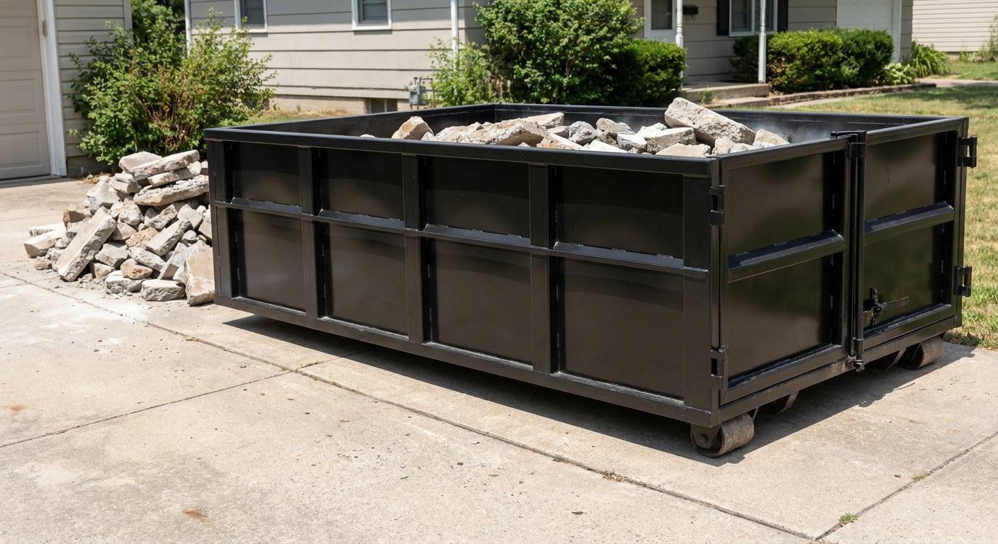 A matte-black low-side heavy-debris roll-off dumpster placed directly on a Fort Pierce concrete driveway, with broken concrete chunks neatly stacked beside it under clean daylight.